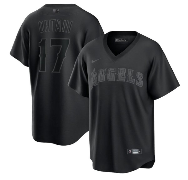 Men's Los Angeles Angels #17 Shohei Ohtani Black Pitch Black Fashion Replica Stitched Jersey